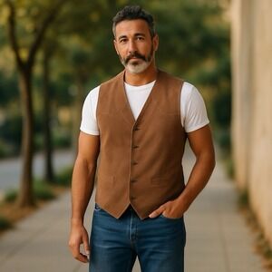 Scully Men's Full‎ Leather Brown Vest 5 Button Satin Lined 46 Cowboy-core